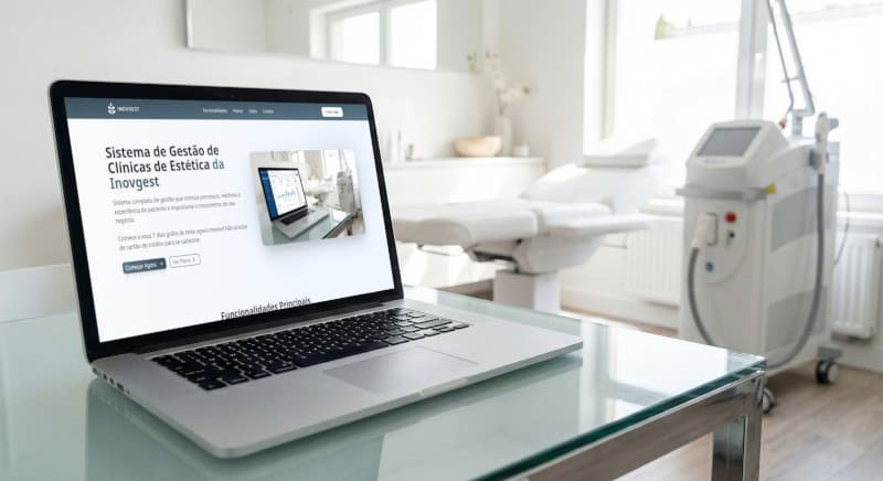 Laptop exibindo sistema de gestão financeira em clínica de estética moderna